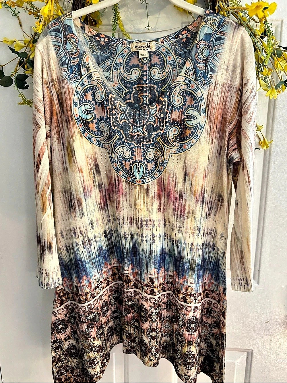 Oneworld Paisley Long Sleeve Tunic in Blue & Brown Size L